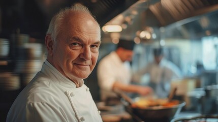 Portrait of an elderly male chef standing confidently in a busy kitchen, showcasing his culinary expertise and passion for cooking amidst a vibrant kitchen atmosphere.
