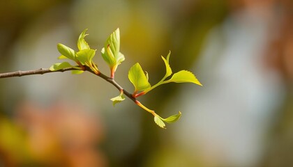 A vibrant green beech twig, delicate new leaves unfurling against a blurred spring background, growth, image