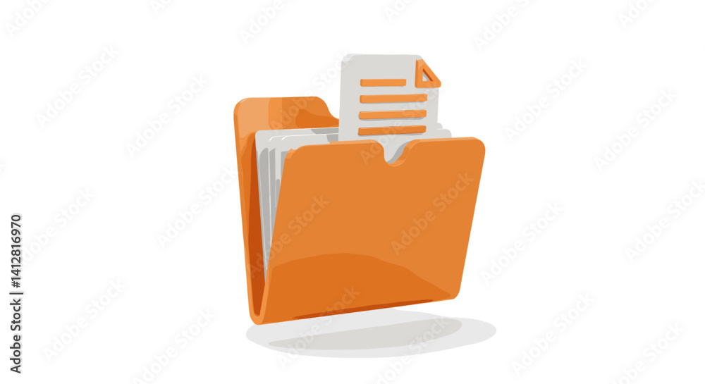 Poster orange folder with documents and file icon for organizing data management and storage