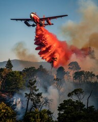 Aircraft drops fire retardant on forest fire during intense wildfire season at sunset