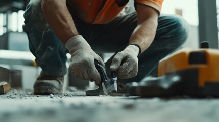 Construction worker cleaning tools at a construction site. Featuring maintenance and organization