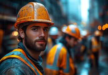 Industrial construction scene featuring a determined worker in a hard hat and reflective vest amid a bustling job site. A powerful representation of labor, safety, and perseverance.