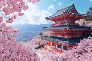 Spring magic, cherry blossoms on the shore of a quiet lake. Sakura blossoms with a view of a Japanese pavilion by the lake