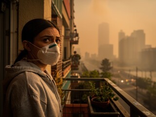 Woman in a mask looks out from a balcony during a hazy sunset in an urban setting filled with smoke and pollution