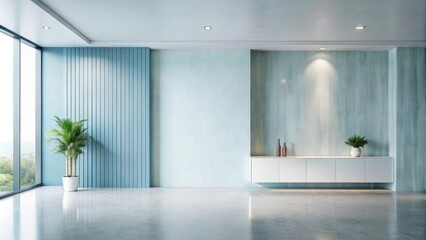 Fototapeta premium Modern Minimalist Room Interior Design with Pale Blue Walls and Concrete Floor
