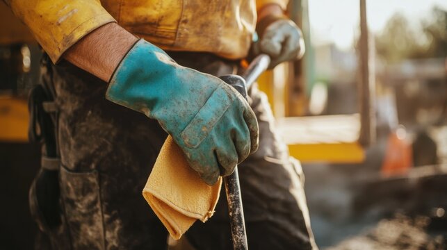 Construction worker cleaning tools at a worksite. Featuring cleanliness and attention to detail