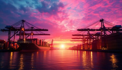 Fototapeta premium Shipping port at sunset