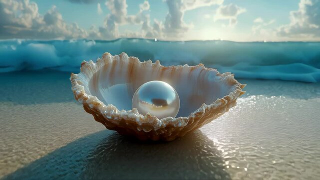 Pearl resting inside an open clam shell on a beach, surrounded by ocean waves and soft sand