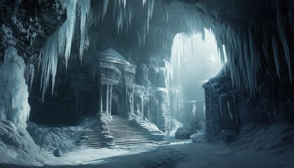 Ethereal Icy Kingdom: A Frozen Citadel within a Crystal Cavern Landscape