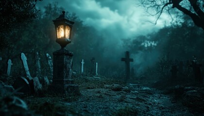 Fototapeta premium Mysterious graveyard atmosphere at dusk illuminated by flickering lantern