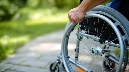 Naklejka premium Patient using wheelchair moving in park: close-up on hand gripping wheel