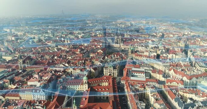 Map markers above Prague. Marking tourist places with map markers above Prague. Panorama of the tourist city with markers of popular places. Location markers above the city. Smart city concept