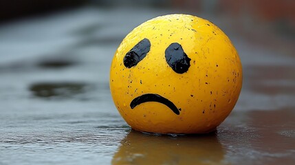 Sad Emoji Face on Wet Pavement.