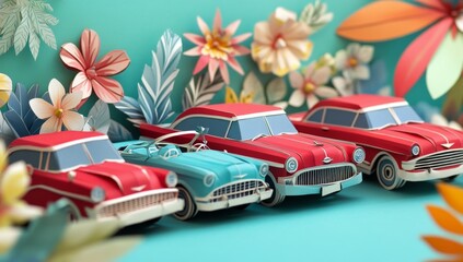 Vintage cars surrounded by paper flowers.  A cheerful and vibrant scene with retro cars nestled amongst colorful floral decorations