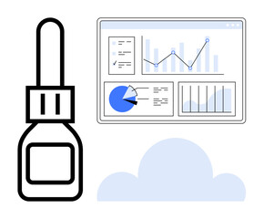 Fototapeta premium Dropper bottle next to an analytics dashboard with graphs, pie chart, and cloud icon. Ideal for data analysis, wellness, medical, digital tools, healthcare, innovation simple landing page