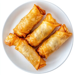 A top view of five golden brown egg rolls arranged on a white circular plate food