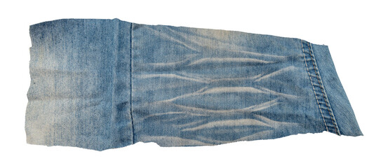 Piece of torn denim on a white background. Denim texture
