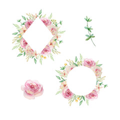 Floral Frame with watercolor pink flowers and green leaves