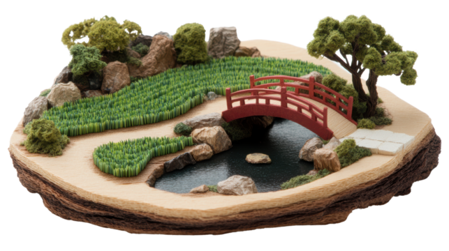 Serene miniature landscape featuring a red bridge, lush greenery, rocks, and a calm waterbody on a black background