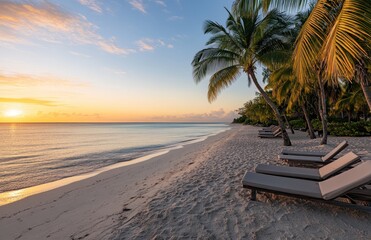 Serene Beach at Sunset with Palm Trees and Lounge Chairs Overlooking Calm Water, Soft Sand Shoreline, Tranquil Tropical Escape for Relaxation and Rejuvenation