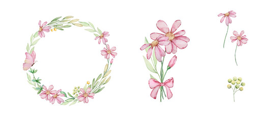 Elegant Floral decoration frame and bouquet with watercolor pink flowers and green leaves