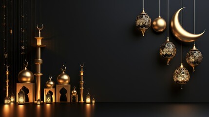 Obraz premium Islamic Architecture Scene with Golden Lanterns and Crescent Moon
