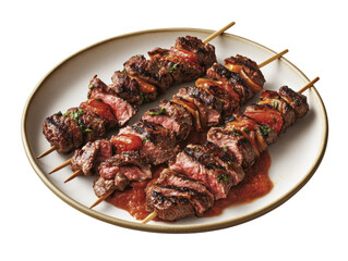 Succulent beef skewers grilled to perfection served on a plate with fresh vegetables and spicy sauce