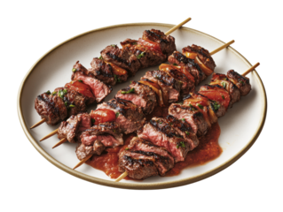 Succulent beef skewers grilled to perfection served on a plate with fresh vegetables and spicy sauce