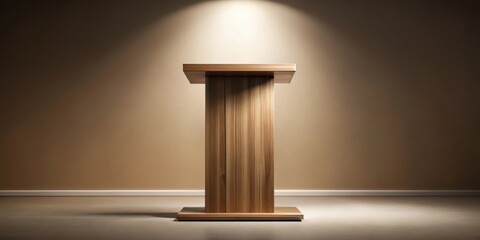 A simple wooden lectern illuminated by a single spotlight in a minimalist interior setting