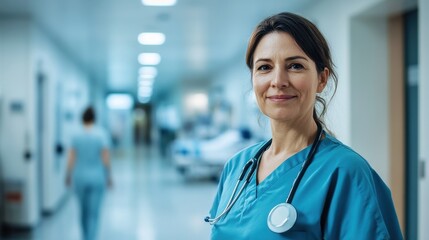 A middle-aged female nurse in scrubs stands confidently in a hospital corridor. With a caring smile, she embodies professionalism and dedication to patient care.