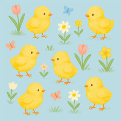 Yellow chickens, flowers, and butterflies on a blue background