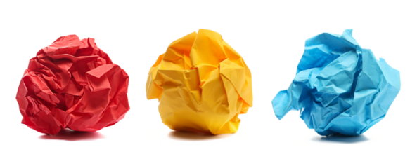 Set colorful crumpled paper ball isolated on white background, clipping path