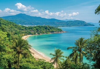 Obraz premium Serene Coastal Landscape with Lush Greenery, Tranquil Blue Waters, and Majestic Mountains Under a Clear Sky, Ideal for Relaxation and Vacation Imagery