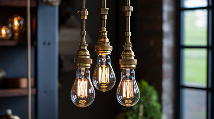 Obraz premium Illuminating Elegance: Three-Bulb Lamp with Brass Finish