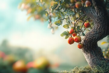 Lush apple tree laden with ripe fruit against a soft backdrop.
