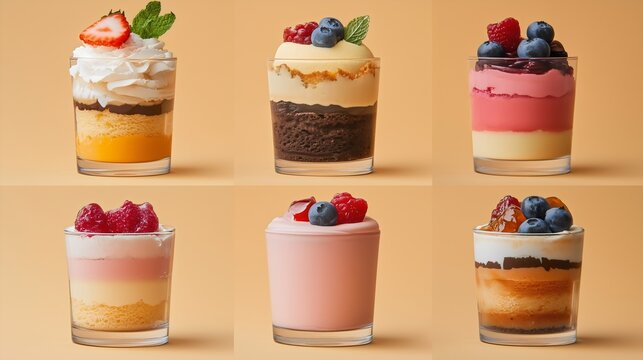 Set of layered desserts in glass cups with fresh berries on beige grid background. - Powered by Adobe