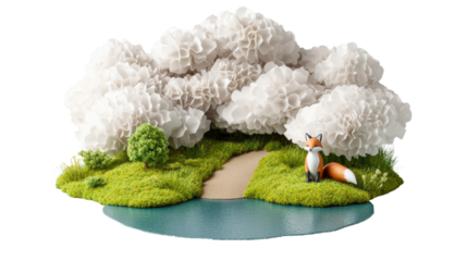 Enchanting forest scene featuring a fox amidst white blossoms by a tranquil stream in a lush green landscape