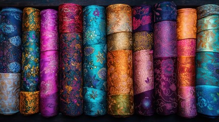 Colorful rolls of patterned fabric