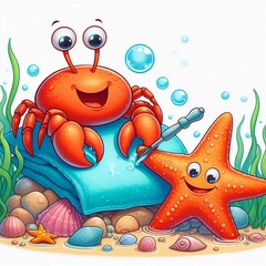 A crab giving a pedicure to a starfish