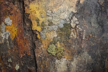Fototapeta premium Close-up view of bark with diverse lichen growth.