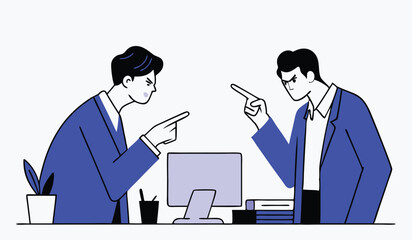 Angry Businessmen in Conflict Vector Office Scene, Corporate Dispute at Desk Business Argument Illustration. Businessmen Arguing in Office Conflict Resolution Concept Vector.