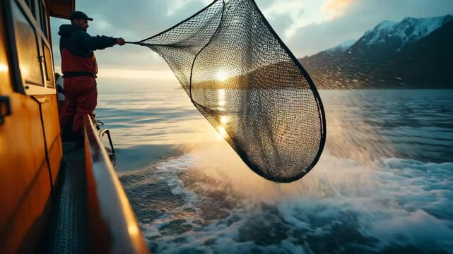 A rugged Alaskan fisherman casts a net into the water.