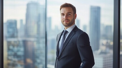 Fototapeta premium A confident young European male executive stands in a modern office with a city skyline in the background, embodying professionalism and success.