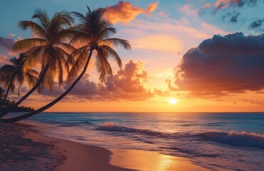 Serene Sunset Over Tropical Beach with Palm Trees Silhouetted Against Vibrant Sky and Gentle Waves Lapping at Soft Sandy Shore