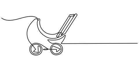 Modern baby stroller one line art. single line baby equipment . Continuous line drawing of childhood, safety,  transportation, personal, classic style, for winter. one line vector illustration.