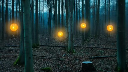 Glowing orbs illuminate misty forest path, night - Powered by Adobe