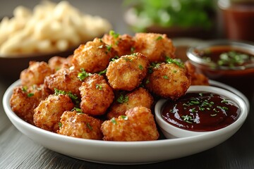 Crispy Golden Fried Cheese Curds Served With Barbecue Sauce And Parsley Garnish