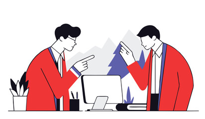 Angry Businessmen in Conflict Vector Office Scene, Corporate Dispute at Desk Business Argument Illustration. Businessmen Arguing in Office Conflict Resolution Concept Vector.