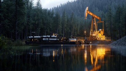 An oil drilling rig is actively operating at dusk, with bright lights reflecting on the calm surface of the lake. Tall trees surround the area creating a tranquil atmosphere.