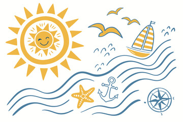 24 Sun and sea icons, bright yellow suns, blue waves, minimalist design, stylized ocean symbols, summer graphics, beach logos, sun and wave illustrations, cheerful color palette, simple shapes, curvy 